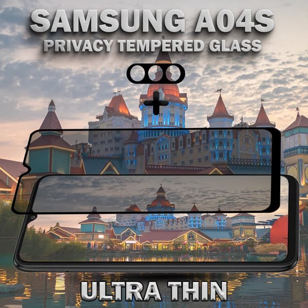 1-Pack Privacy Samsung A04S Skärmskydd & 1-Pack linsskydd - Härdat Glas 9H - Super kvalitet 3D