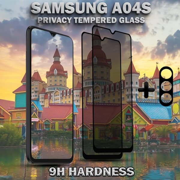 2-Pack Privacy Samsung A04S Skärmskydd & 1-Pack linsskydd - Härdat Glas 9H - Super kvalitet 3D