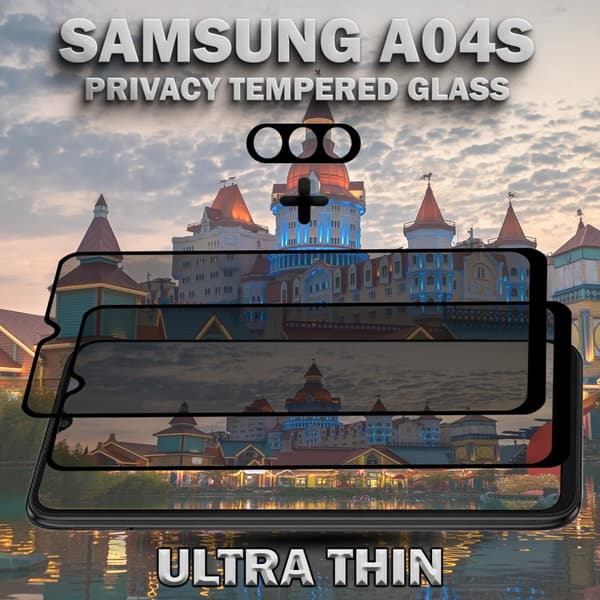 2-Pack Privacy Samsung A04S Skärmskydd & 1-Pack linsskydd - Härdat Glas 9H - Super kvalitet 3D
