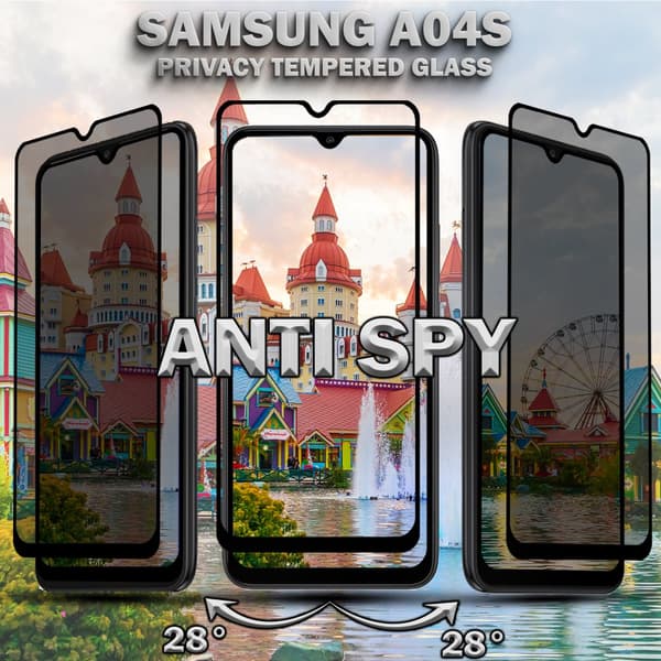 2-Pack Privacy Samsung A04S Skärmskydd & 1-Pack linsskydd - Härdat Glas 9H - Super kvalitet 3D