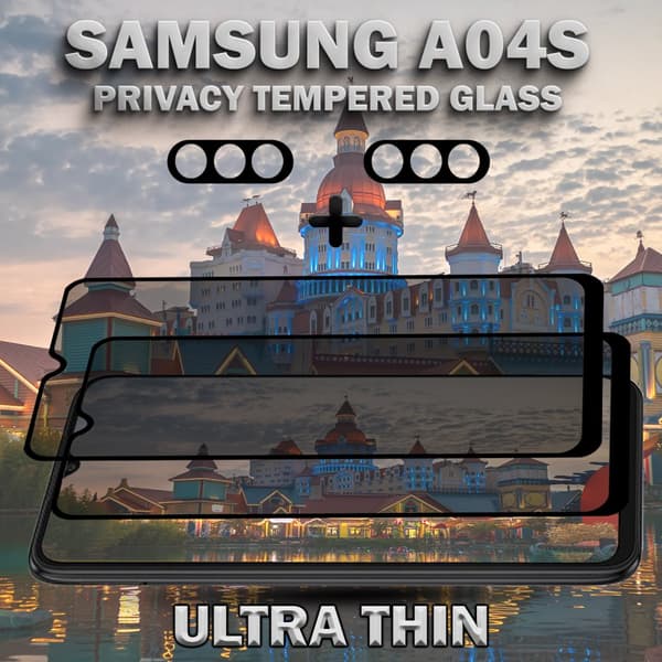 2-Pack Privacy Samsung A04S Skärmskydd & 2-Pack linsskydd - Härdat Glas 9H - Super kvalitet 3D