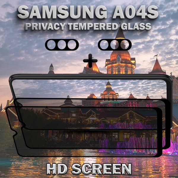 2-Pack Privacy Samsung A04S Skärmskydd & 2-Pack linsskydd - Härdat Glas 9H - Super kvalitet 3D