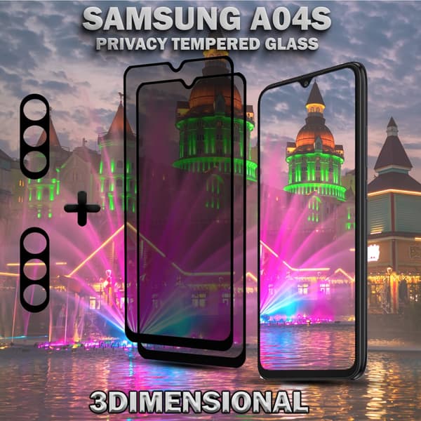 2-Pack Privacy Samsung A04S Skärmskydd & 2-Pack linsskydd - Härdat Glas 9H - Super kvalitet 3D