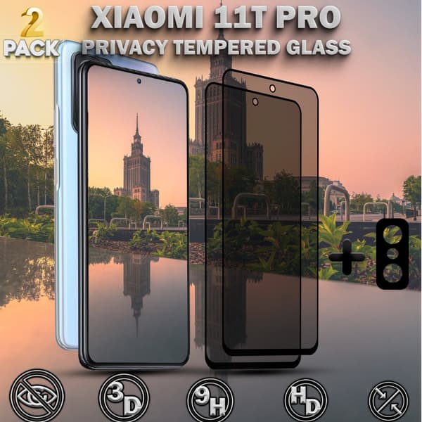 2-Pack Privacy XIAOMI 11T PRO Skärmskydd & 1-Pack linsskydd - Härdat Glas 9H - Super kvalitet 3D