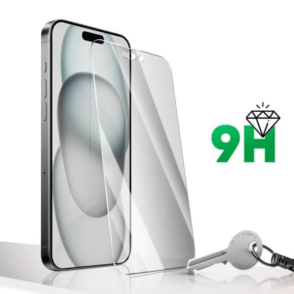 Härdat glas - 4SMARTS - Andra glas - iPhone 15 - 9H hårdhet - Antispion - Applikator medföljer