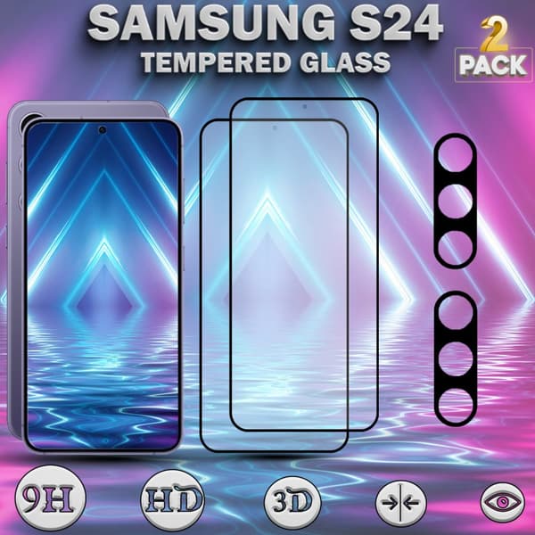 2-Pack SAMSUNG S24 Skärmskydd & 2-Pack linsskydd - Härdat Glas 9H - Super kvalitet 3D