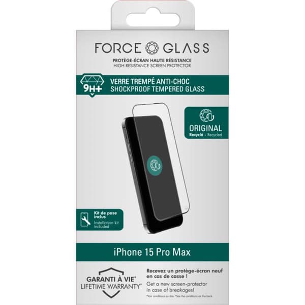 Glasskärmskydd för iPhone 15 Pro Max - FORCE GLASS - Anti-chock 9H+ - Transparent