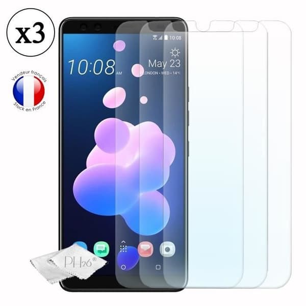 HTC U12+ Pack 3 skärmskydd i härdat glas med hög transparens, ultrabeständig, ultratunn, anti-märken, installation