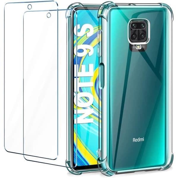 Xiaomi Redmi Note 9S Fodral - Redmi Note 9 Pro Transparent +2 × härdat glas skärmskydd, mjuk silikon [Stötsäker BumNA