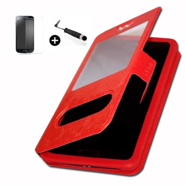 HTC Desire 826 super PACK Röd PU fönsterfodral + mini stylus + härdat glas 9H hårdhet, Ultratunn 0,20 mm