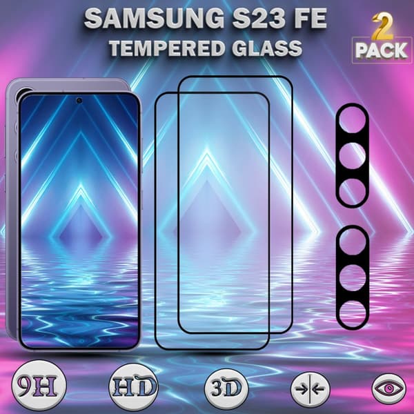 2-Pack SAMSUNG S23 FE Skärmskydd & 2-Pack linsskydd - Härdat Glas 9H - Super kvalitet 3D
