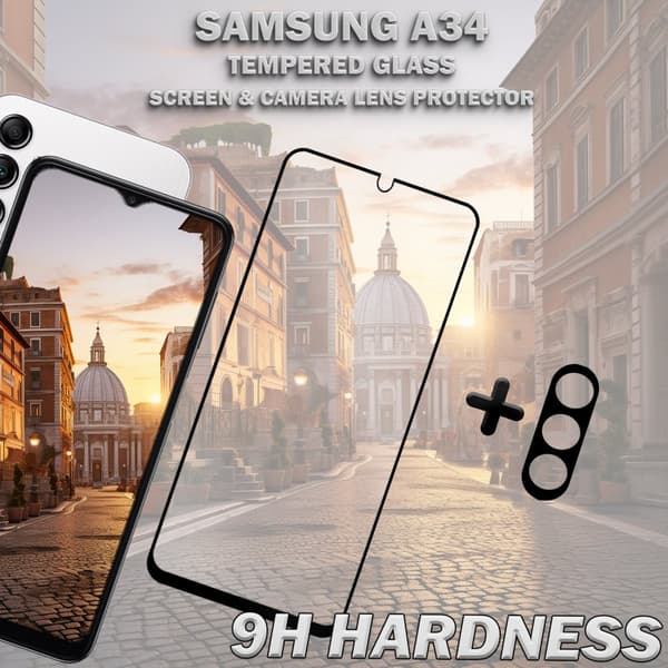 1-Pack SAMSUNG A34 Skärmskydd & 1-Pack linsskydd - Härdat Glas 9H - Super kvalitet 3D