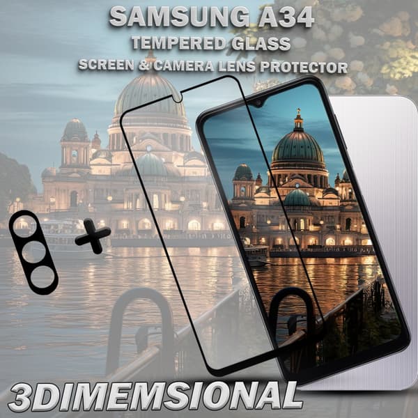 1-Pack SAMSUNG A34 Skärmskydd & 1-Pack linsskydd - Härdat Glas 9H - Super kvalitet 3D