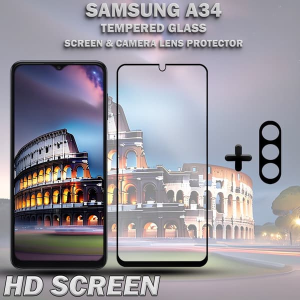 1-Pack SAMSUNG A34 Skärmskydd & 1-Pack linsskydd - Härdat Glas 9H - Super kvalitet 3D