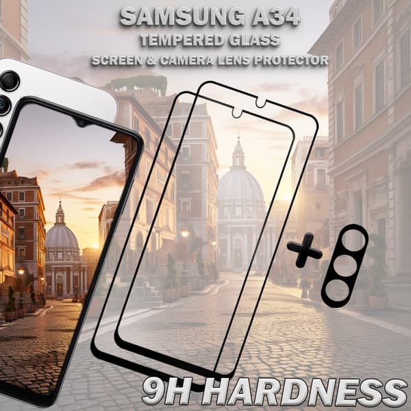 2-Pack SAMSUNG A34 Skärmskydd & 1-Pack linsskydd - Härdat Glas 9H - Super kvalitet 3D