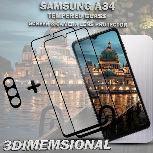 2-Pack SAMSUNG A34 Skärmskydd & 1-Pack linsskydd - Härdat Glas 9H - Super kvalitet 3D