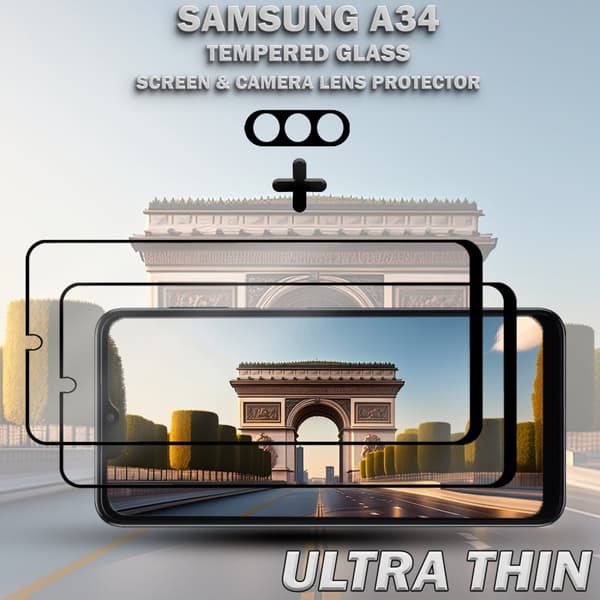 2-Pack SAMSUNG A34 Skärmskydd & 1-Pack linsskydd - Härdat Glas 9H - Super kvalitet 3D