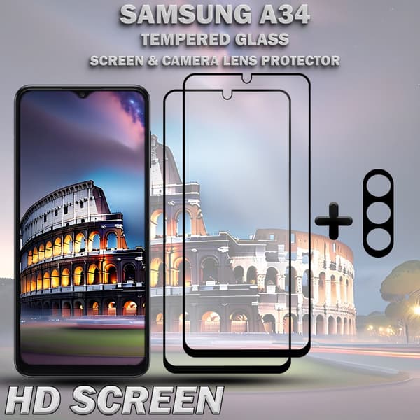 2-Pack SAMSUNG A34 Skärmskydd & 1-Pack linsskydd - Härdat Glas 9H - Super kvalitet 3D