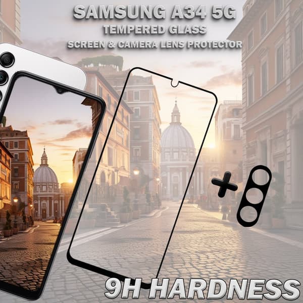 1-Pack SAMSUNG A34 5G Skärmskydd & 1-Pack linsskydd - Härdat Glas 9H - Super kvalitet 3D
