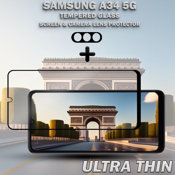 1-Pack SAMSUNG A34 5G Skärmskydd & 1-Pack linsskydd - Härdat Glas 9H - Super kvalitet 3D
