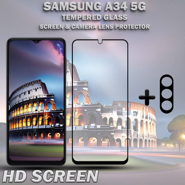 1-Pack SAMSUNG A34 5G Skärmskydd & 1-Pack linsskydd - Härdat Glas 9H - Super kvalitet 3D