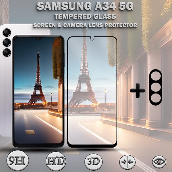 1-Pack SAMSUNG A34 5G Skärmskydd & 1-Pack linsskydd - Härdat Glas 9H - Super kvalitet 3D