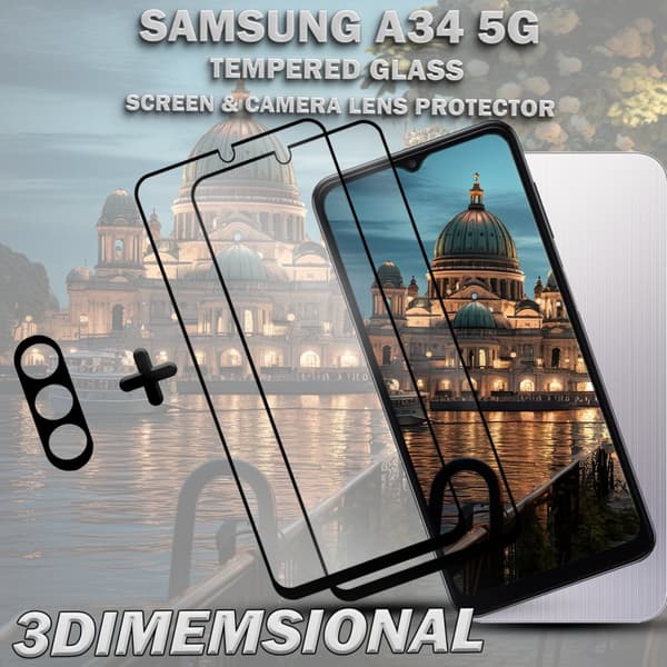 2-Pack SAMSUNG A34 5G Skärmskydd & 1-Pack linsskydd - Härdat Glas 9H - Super kvalitet 3D