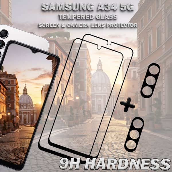 2-Pack SAMSUNG A34 5G Skärmskydd & 2-Pack linsskydd - Härdat Glas 9H - Super kvalitet 3D
