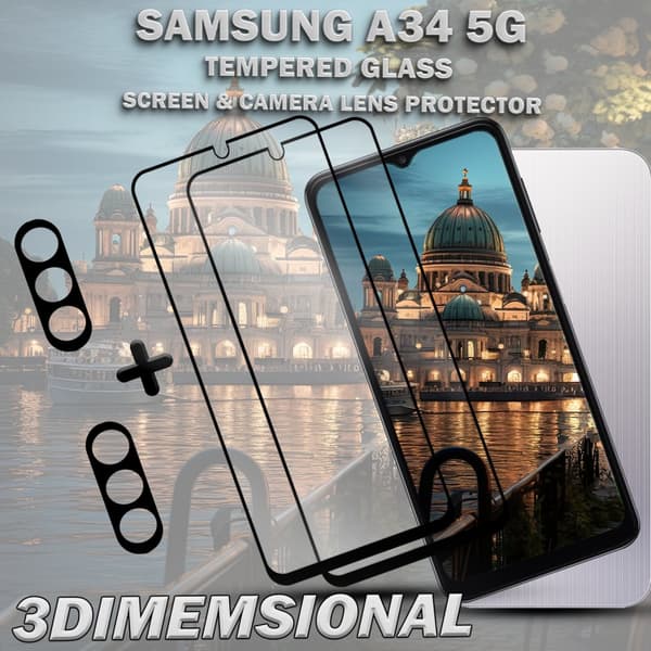 2-Pack SAMSUNG A34 5G Skärmskydd & 2-Pack linsskydd - Härdat Glas 9H - Super kvalitet 3D