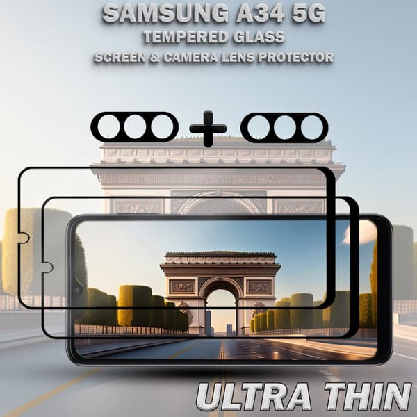 2-Pack SAMSUNG A34 5G Skärmskydd & 2-Pack linsskydd - Härdat Glas 9H - Super kvalitet 3D