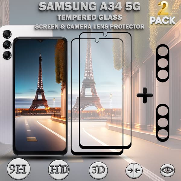 2-Pack SAMSUNG A34 5G Skärmskydd & 2-Pack linsskydd - Härdat Glas 9H - Super kvalitet 3D