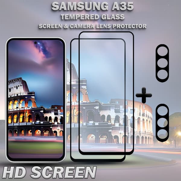2-Pack SAMSUNG A35 Skärmskydd & 2-Pack linsskydd - Härdat Glas 9H - Super kvalitet 3D