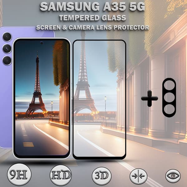 1-Pack SAMSUNG A35 5G Skärmskydd & 1-Pack linsskydd - Härdat Glas 9H - Super kvalitet 3D