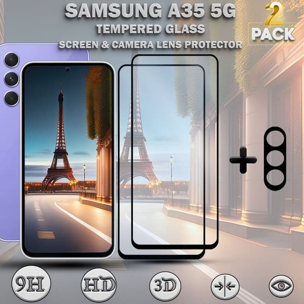 2-Pack SAMSUNG A35 5G Skärmskydd & 1-Pack linsskydd - Härdat Glas 9H - Super kvalitet 3D