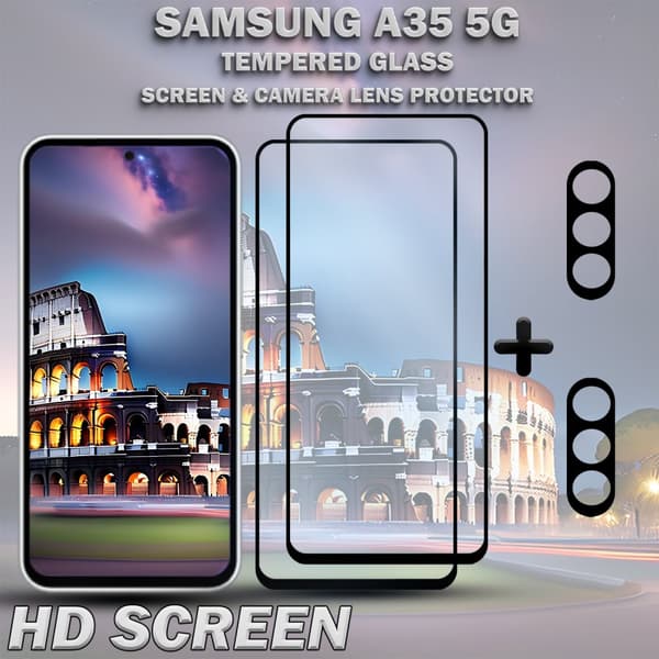 2-Pack SAMSUNG A35 5G Skärmskydd & 2-Pack linsskydd - Härdat Glas 9H - Super kvalitet 3D