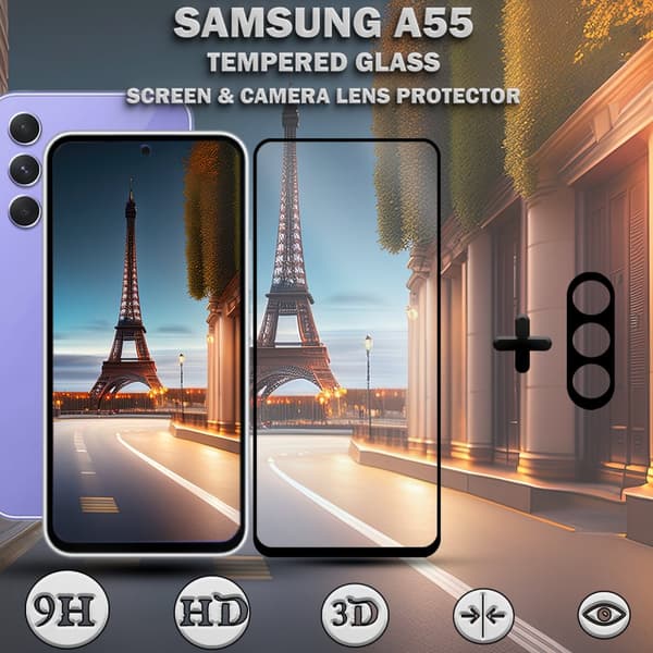 1-Pack SAMSUNG A55 Skärmskydd & 1-Pack linsskydd - Härdat Glas 9H - Super kvalitet 3D