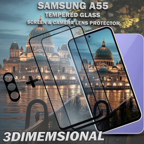2-Pack SAMSUNG A55 Skärmskydd & 1-Pack linsskydd - Härdat Glas 9H - Super kvalitet 3D