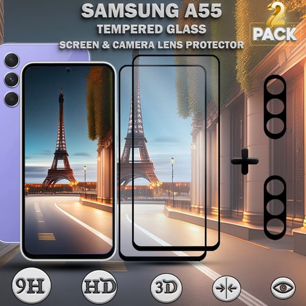 2-Pack SAMSUNG A55 Skärmskydd & 2-Pack linsskydd - Härdat Glas 9H - Super kvalitet 3D