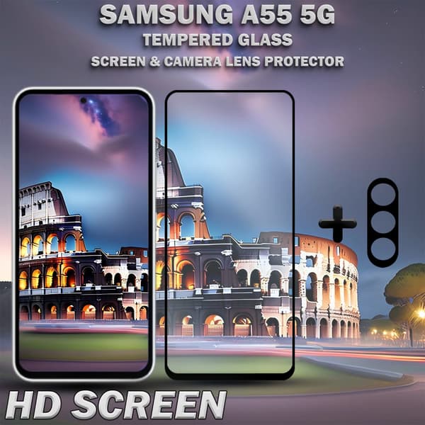 1-Pack SAMSUNG A55 5G Skärmskydd & 1-Pack linsskydd - Härdat Glas 9H - Super kvalitet 3D