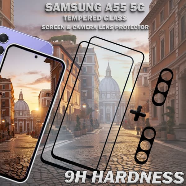 2-Pack SAMSUNG A55 5G Skärmskydd & 2-Pack linsskydd - Härdat Glas 9H - Super kvalitet 3D