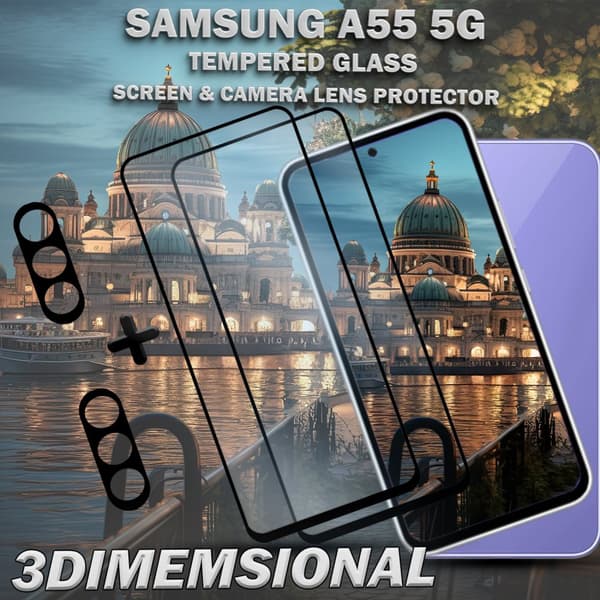2-Pack SAMSUNG A55 5G Skärmskydd & 2-Pack linsskydd - Härdat Glas 9H - Super kvalitet 3D
