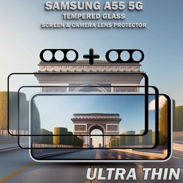2-Pack SAMSUNG A55 5G Skärmskydd & 2-Pack linsskydd - Härdat Glas 9H - Super kvalitet 3D