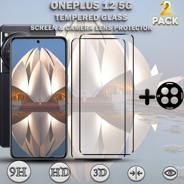 2-Pack ONEPLUS 12 5G Skärmskydd & 1-Pack linsskydd - Härdat Glas 9H - Super kvalitet 3D