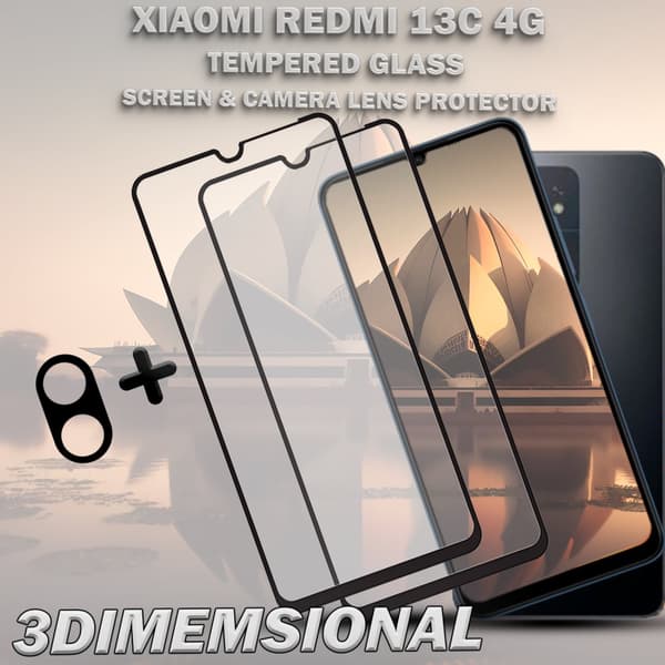 2-Pack XIAOMI REDMI 13C 4G Skärmskydd & 1-Pack linsskydd - Härdat Glas 9H - Super kvalitet 3D