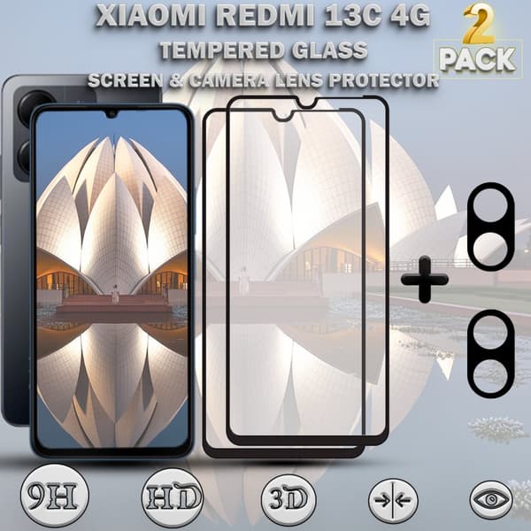 2-Pack XIAOMI REDMI 13C 4G Skärmskydd & 2-Pack linsskydd - Härdat Glas 9H - Super kvalitet 3D