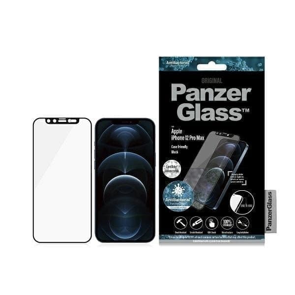 PanzerGlass E2E Antibakterielt mikrofrakturglass med kameradeksel og Swarovski-krystall for iPhone 12 Pro Max - med svart ramme