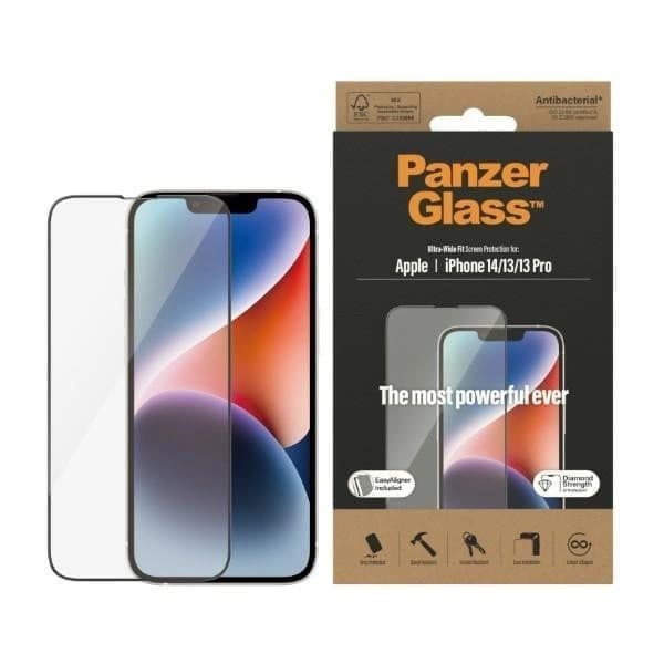 PanzerGlass Ultra-Wide Fit antibakterielt herdet glass med stativ for iPhone 14/13 Pro/13