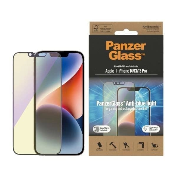 PanzerGlass Ultra-Wide Fit Antibakterielt herdet glass med blått lysfilter og posisjonsholder iPhone 14/13 Pro/13