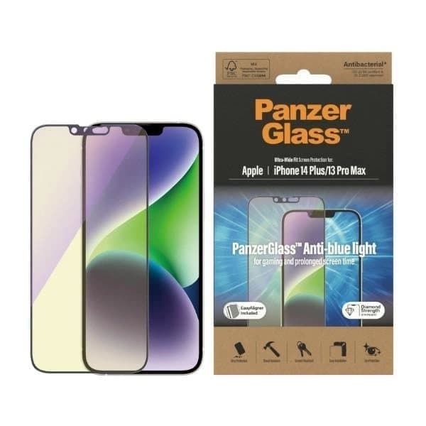 PanzerGlass Ultra-Wide Fit antibakterielt herdet glass med blått lysfilter og stativ for iPhone 14 Plus / 13 Pro Max