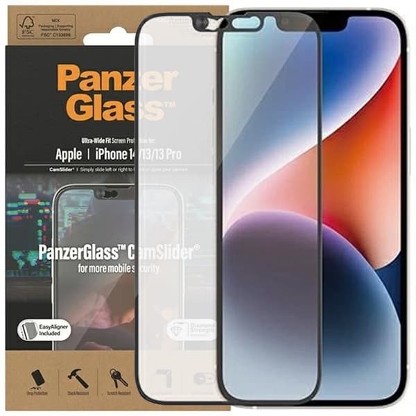 PanzerGlass Ultra-Wide Fit antibakterielt herdet glass med kameradeksel og stativ for iPhone 14/13/13 Pro